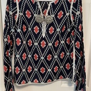 Tory Burch Navy and Pink Geometric Blouse Size 2